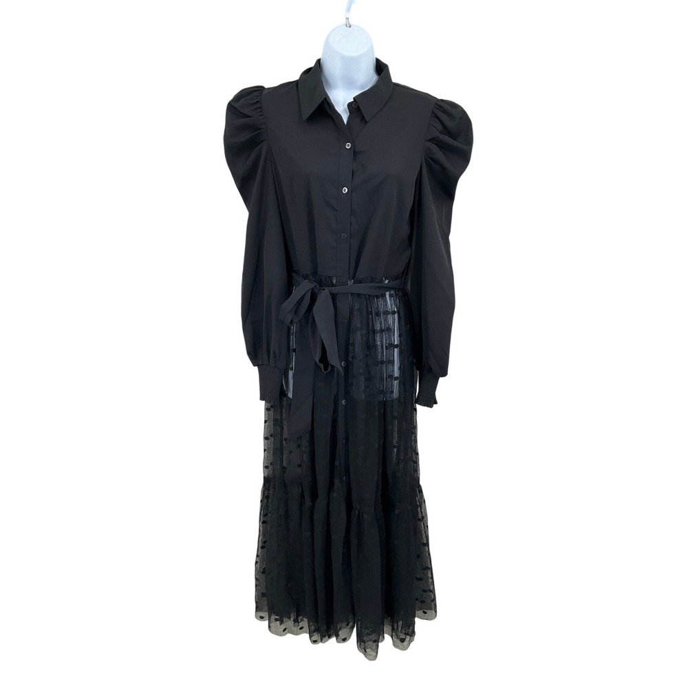 Maxi Dress Womens M Black Puff Sleeve Polka Dot Goth Edgy Dark Romance Whimsical